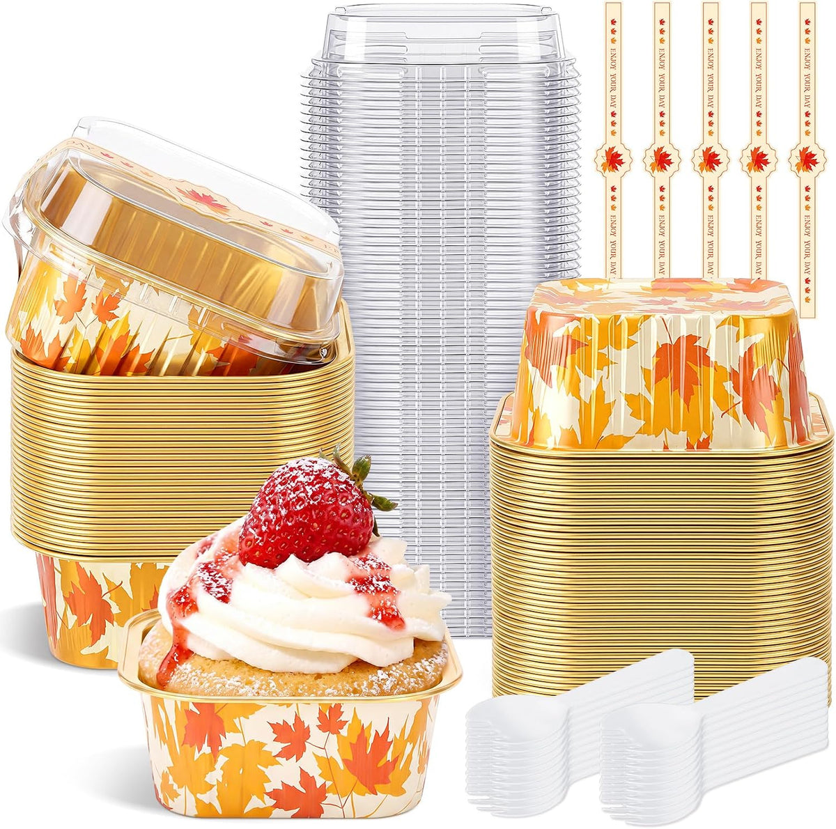 Remerry 100 Pack 5 oz Fall Mini Cake Pans with Lids, Spoons and Stickers