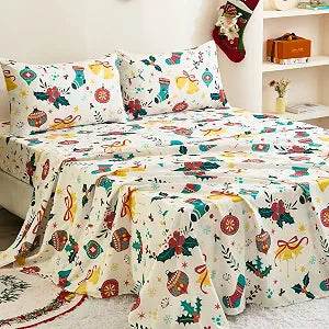 WONGS BEDDING Christmas Sheet Set Queen, 4 Piece Christmas Stockings Holly and Bells Bed Sheet, Soft Microfiber Deep Pocket Bedding Sheets with 1 Fitted Sheet, 1 Flat Sheet, 2 Pillowcases