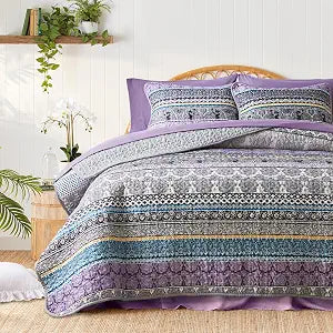 Tititada 3 Pieces Colorful Bohemian Quilt Set King Size, Purple n Grey Boho Striped Printed Bedding Bedspread Coverlet Set for Summer, Soft Lightweight Microfiber Quilt with 2 Shams (102x88 inces)