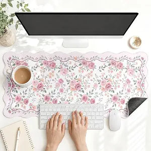 Scalloped Gaming Mouse Pad Desk Mat, Floral Rose, 35.4"x15.7"
