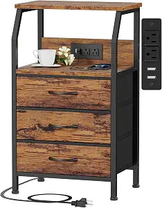 Furnulem Night Stand with Charging Station, 3 Fabric Drawers Bedside Table