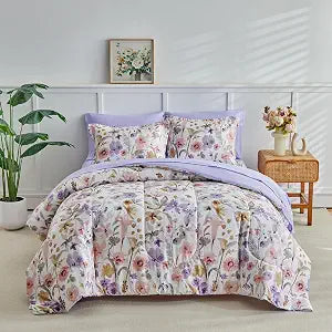 Floral Comforter Set 7 Pieces White with Purple Pink Flowers Bed in a Bag King Size Reversible Bedding Set (1 Comforter 2 Pillow Shams 1 Flat Sheet 1 Fitted Sheet 2 Pillowcases)