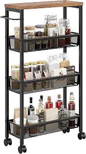VECELO 4 Tier Slim Rolling Cart Organizer, Rolling Carts On Wheels with Storage, Sturdy Metal Frame Narrow Cart with Handle, Space Saving for Kitchen, Bathroom, Laundry, Rustic Brown