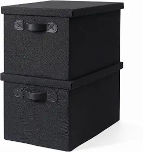 Fabric Storage Bins with Lids, Heavy Duty Collapsible Organizer Bins for Shelves, Stackable Closet Woven Baskets with Handles, 25L Rectangle Boxes for Bedroom Office, Cube Home Decor (Black 2 Pack)