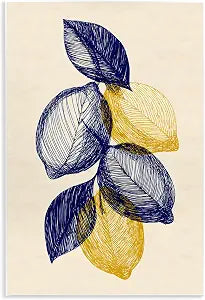 Navy Lemons Botanical Sketch, 10 x 15 Inch Mounted Print on Wall Plaque
