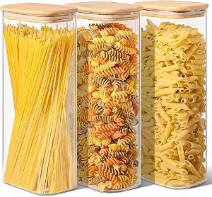ComSaf Pasta Containers Storage 2.2 Qt, Set of 3 Tall Glass Spaghetti Jar