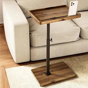 HOLANA Acacia Wood C-Shaped Couch Table with Phone & Ipad Slot,Walnut Color