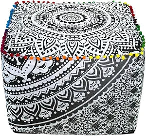 CRAFT KALA Large Hippie Mandala Meditation Floor Ottoman Pillow Cushion Pouf Cover Square Poufs Cover Bohemian Floor Cushion Case Outdoor Fireplace Yoga Living Room Decor 16X16X14 inches, Grey Ombre