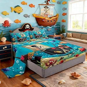 Castle Fairy Cartoon Pirate Ship Sheet Set Twin Size Marine Adventure Bedding Set 3Pcs Underwater Fish Bed Sheet for Kids Girls Boys Teens Cute Octopus Jellyfish Fitted + Flat Sheet,1 Pillowcase