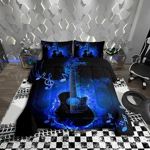 Manfei Electric Guitar Comforter Set,Rock Music Theme Guitar Musical Notes Bedding Set for Teens Young Room,Neon Blue Glowing Modern Artistic Quilt Set,Blue Black 3 Pcs with 2 Pillowcases,Full
