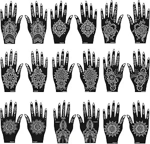 Mzstgh Henna Tattoo Stencils Kit, 18 Sheets Self-Adhesive Templates, Indian Mehndi Designs for Hands, Traditional Body Art