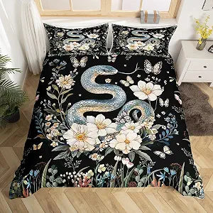 Snake Pattern Duvet Cover,Kids Flowers Butterfly Bedding Set,Bohemian Style Comforter Cover for Boys Girls Room Decor,Chic Exotic Bedspread Cover Twin Size with 1 Pillow Case(No Comforter)