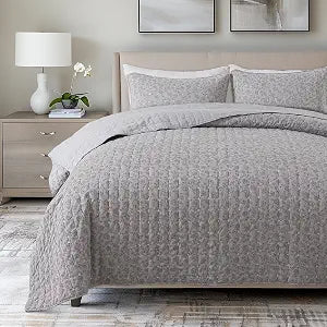Soul & Lane - Gray Cotton Quilt Set, Floral Bedding, Queen with 2 Shams