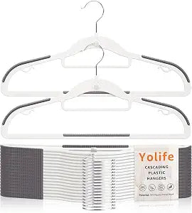 Yolife Cascading Plastic Clothes Hangers 10 Pack with Inner Hook for Vertical Storage, Slim Space Saving Hangers with Non-Slip Pads, 360 Swivel Metal Hook, Versatile, White & Gray