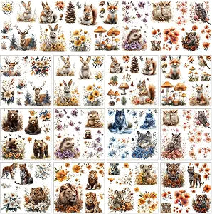 AHANDMAKER 12 Sheets Woodland Animals Rub On Transfer Stickers, 5.5x5.5In Animal and Plants Themed Window Decoration Featuring Bears, Deer, Rabbits and More for DIY Crafts Scrapbooking Furniture Decor