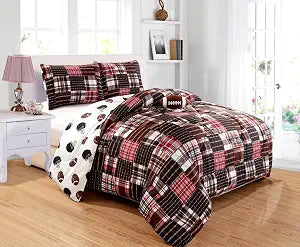 GrandLinen 4 Piece Queen Size Sports Theme Football Comforter Set - Black, Red, White and Brown Plaid. Dormitory Bedding