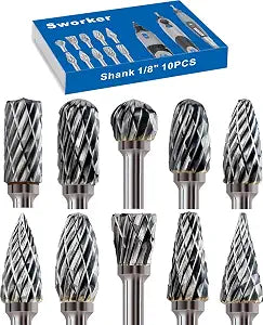 Sworker 10 Pcs Carbide Burr Set 1/8" Shank Compatible with Dremel Milwaukee Bits Rotary Tools Attachment Kit Rasp Drill File Accessories Metal Wood Stone Steel Grinding Carving Cutting Polishing