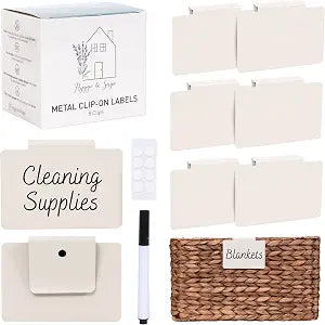 Hygge & Sage: Metal Non-Slip Basket Labels Clip On for Storage Bins, or Wire Racks | Includes 8 Labels, 8 Non-Slip Pads, and 1 Free Marker (Cream)