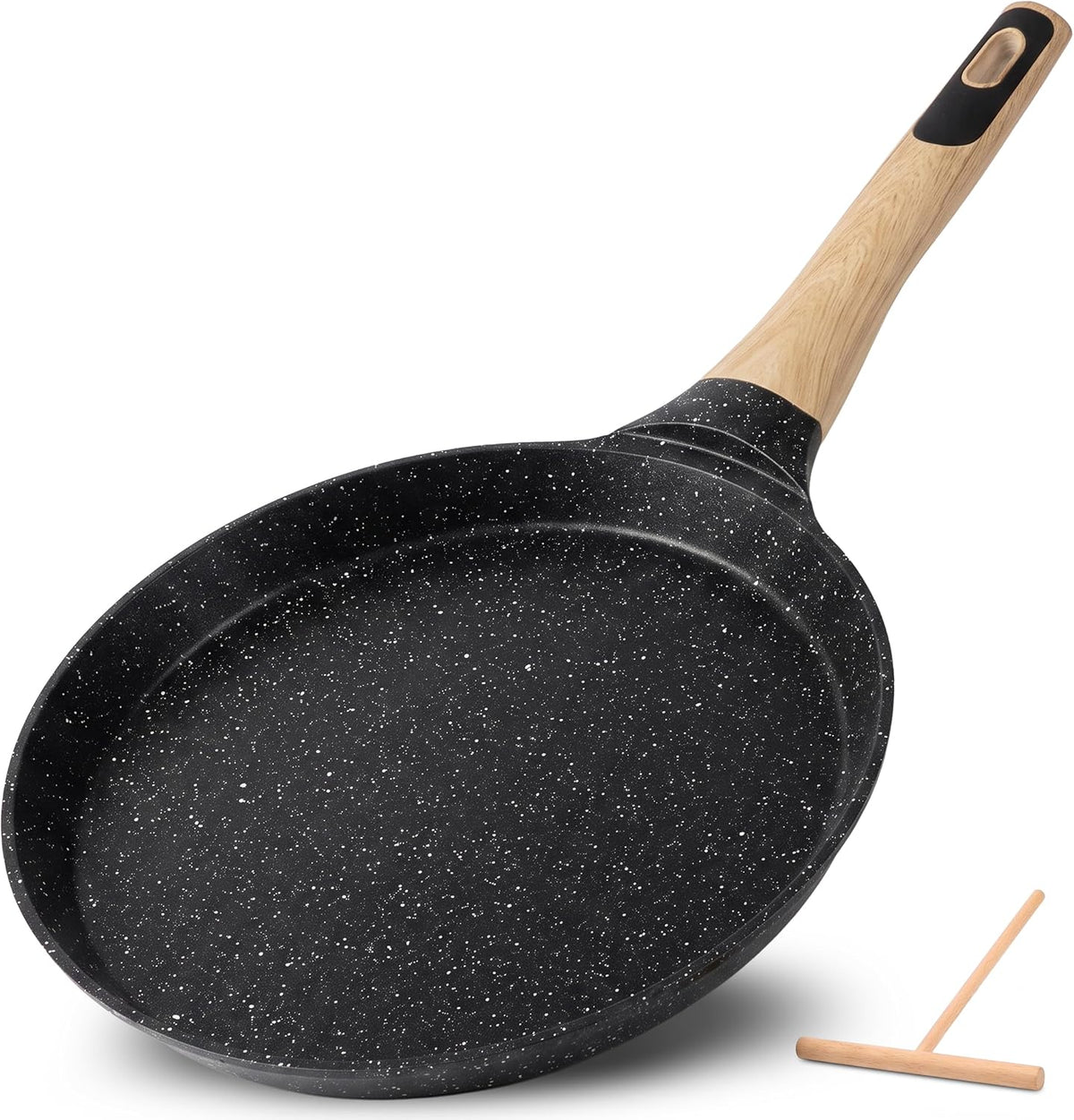 NutriChef 9.45'' Non-Stick Crepe Pan with Wooden Spreader, Durable Marble Coated Dosa Pan, Bakelite Handle and Induction Bottom, PFOA/PFOS Free, Dishwasher Safe, Even Heat Distribution (Black Marble)