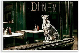 Diner Sentry Leopard Vintage Scene, 12 x 18 Inch Framed Gicle Print