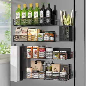 Magnetic Spice Rack for Refrigerator, 6 Pack 100% Metal Strong Magnet Shelf Black, Space Saving Spice Organizer, Home Kitchen Laundry Room Storage Organization W/ Paper Towel Holder, Utensils Racks