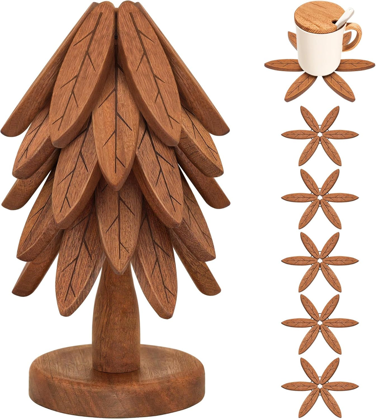 Wooden Trivet Set for Hot Dishes 5 Foldable Tree Trivets with Storage Stand