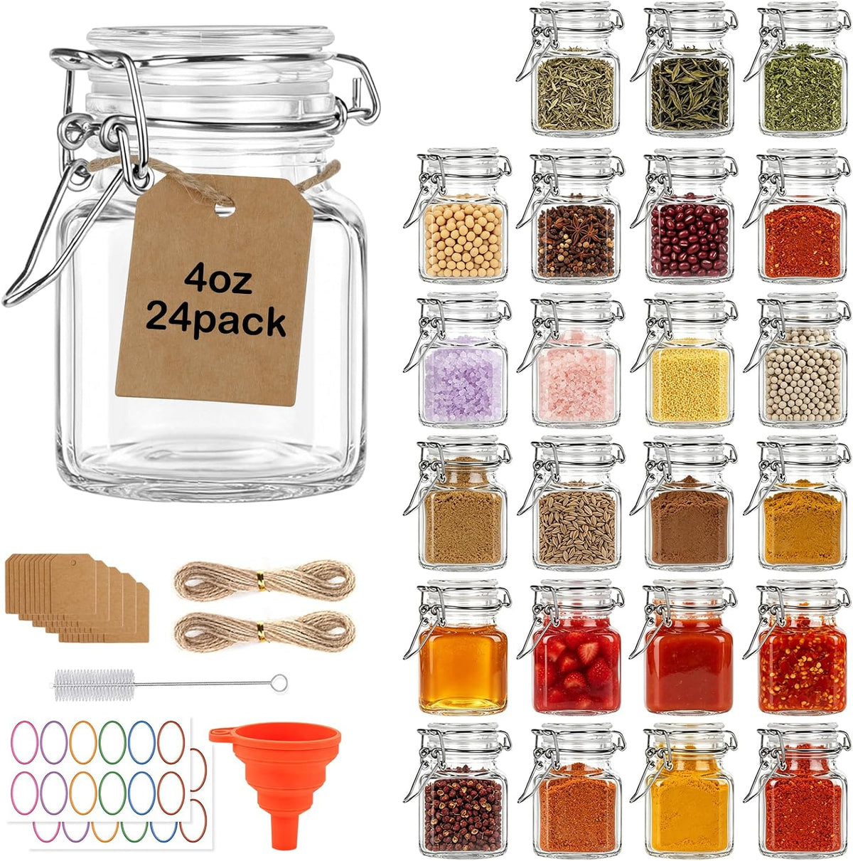 HINGWAH 24 Pack 4 oz Glass Spice Jars, Airtight Small Jars with Clamp Lids