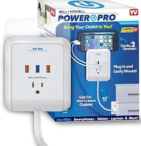 Power Pro Outlet Extender with 45 Cord  Easy-Install Power Strip Electric Surge Protector, USB Wall Charger, 3 Power Outlets, Docking Station, White, Bell+Howell, As Seen On TV