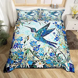 Hummingbird Duvet Cover King Size,Rustic Garden Animal Artistic Grids Splicing Quilt Cover(No Filler) with 2 Pillowcases 3 Pcs,Nature Blue White Blooming Flowers Bedding Set for Adults Young