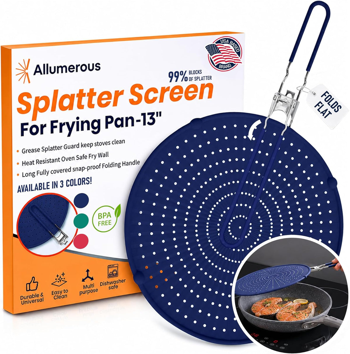 Silicone Splatter Screen for Frying Pan, 13'' Navy - Folds Flat with Sleeves, Dishwasher Safe Grease & Oil Splatter Guard, Heat Resistant Splash Guard Fits 10-12'' Pans, Most 13'' Skillets
