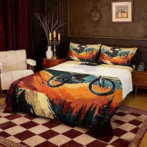 Castle Fairy Mountain Biking Bicycle Bed Sheet Set Queen Size 4pcs,Offroad Cycling Bedding Sets,Retro 3D Cyclist Mountain Flat Sheet + Fitted Sheet for Kids Girls Boys Teens Room Decor