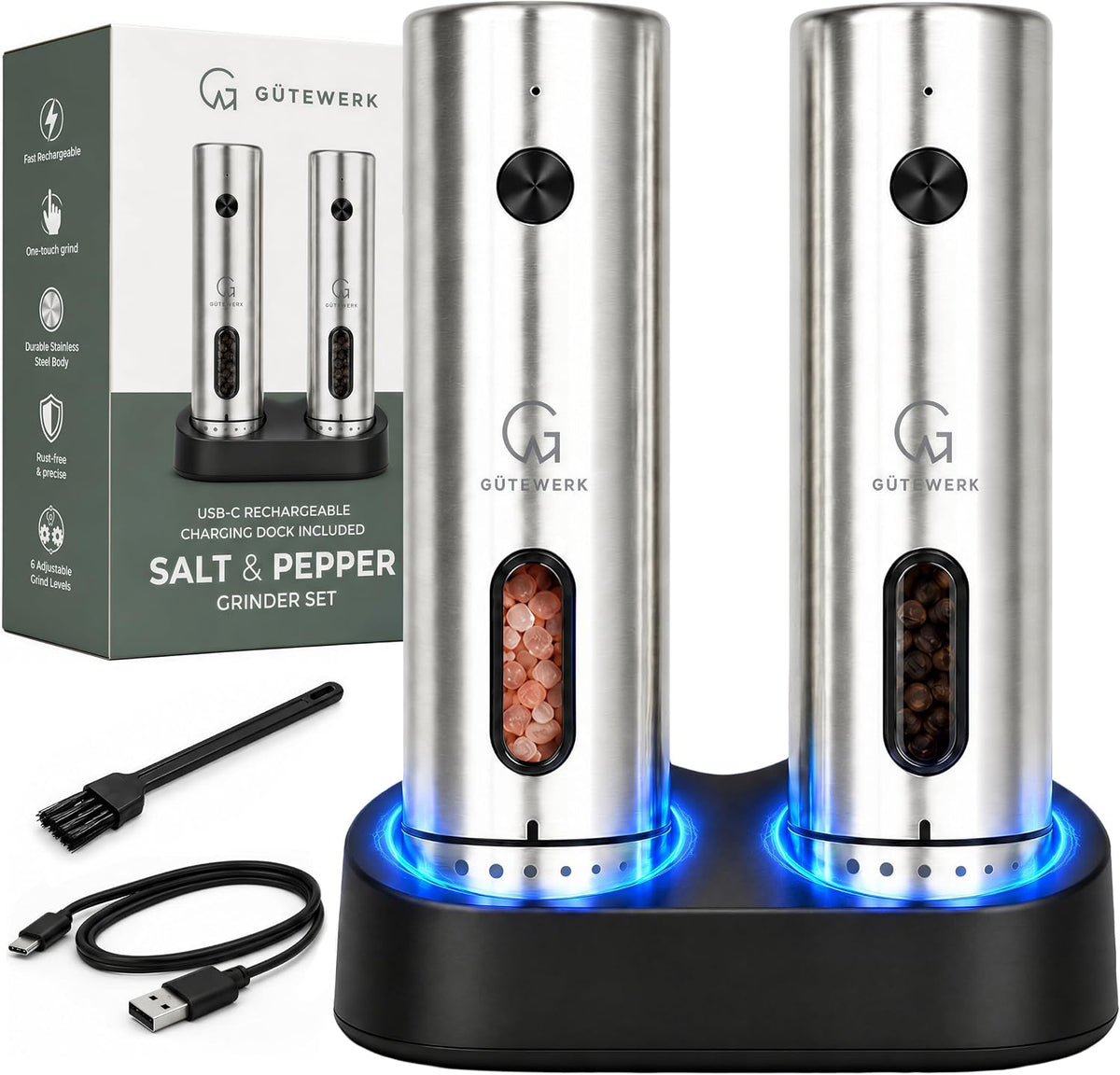 GÃœTEWERK Electric Salt and Pepper Grinder Set, Charging Dock, Rechargeable