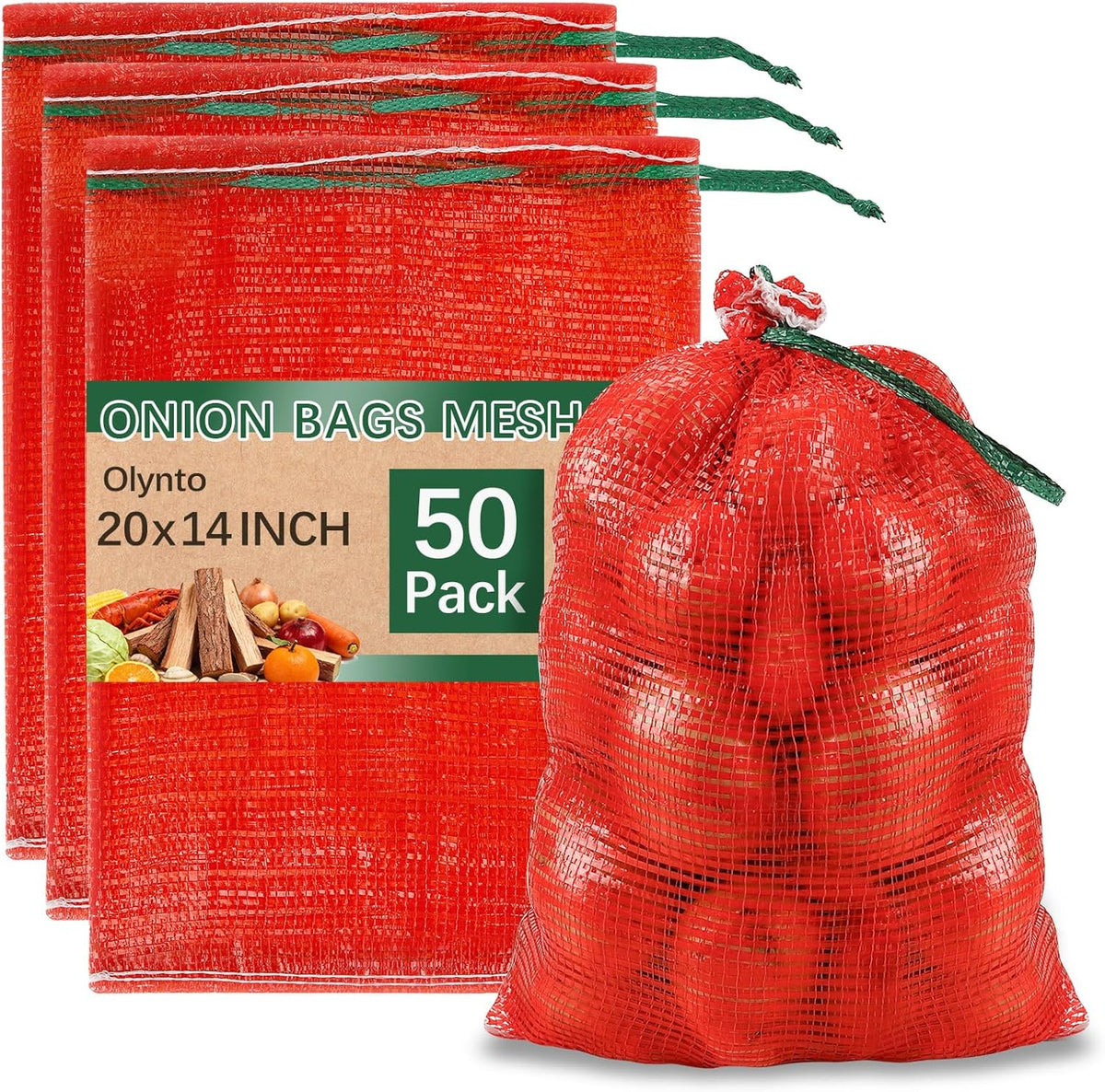 50 Pcs 20x14in Red Mesh Onion Bags with Drawstring, 35 lb Reusable Fresh Produce Onion Storage Sacks For Onions Potato Garlic Citrus Crawfish Firewood ,Washable Breathable Net Bags For Vegetable