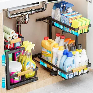 ADBIU 2-Tier Pull-Out Under Sink Organizer, 2-Pack, Large, Black