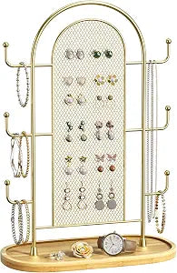 bussdis Jewelry Holder Organizer Earring Display - Earring Storage Tree Stands Towers With 6 Hooks 300 Studs Wood Tray Gold Metal Rack