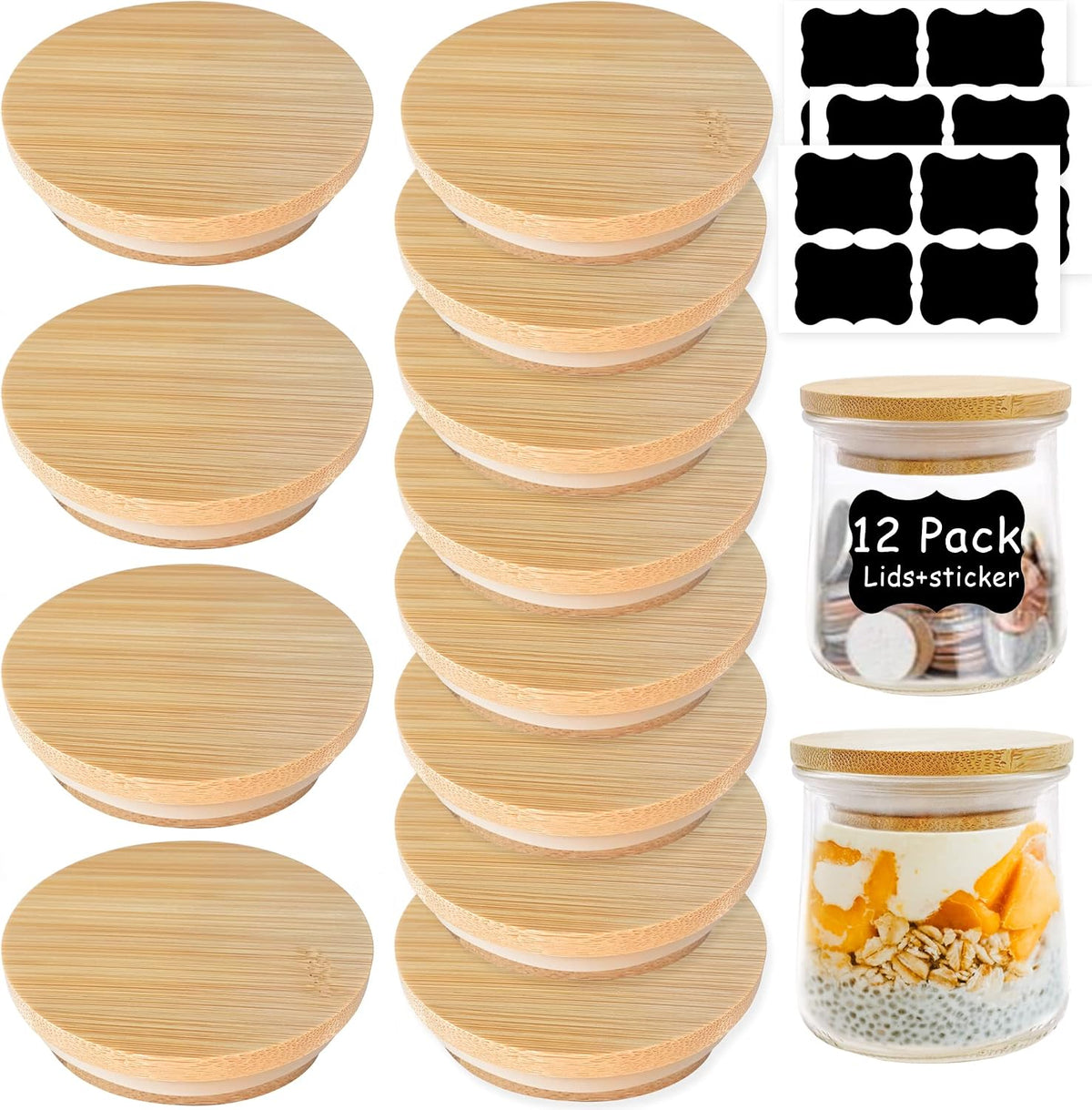 Oui Yogurt Jar Lids - 12 Pack Natural Bamboo Wood With Silicone Sealing Rings and Bottle Label for 5 Oz Jars