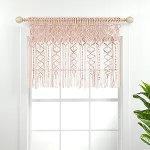 Lush Decor Boho Macrame Textured Cotton Valance, 40" W x 30" L, Blush - Boho Kitchen Curtains & Wall Decor - Macrame Valance - Bathroom Window Curtains