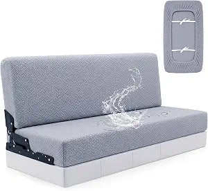 RV Couch Covers for Jackknife Sofa Bed, 2-Piece Stretch Slipcovers with Waterproof Backing Layer, Machine Washable RV Sofa Protector with Adjustable Tie Straps & Elastic Edge (Grey)