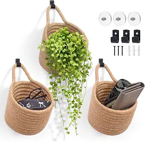 Fabric Wall Hanging Baskets, 3 Pack Woven Boho Pouches (Linen & Black)