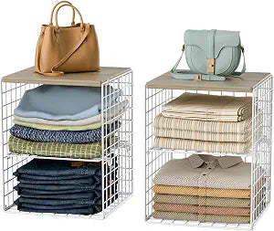 4-Tier Stackable Closet Organizers and Storage, Adjustable Dividers & Wood Top Storage Shelves for Clothes, Wardrobe & Closet Storage Basket Bins/Cube, Space-Saving Closet Organizer System, White