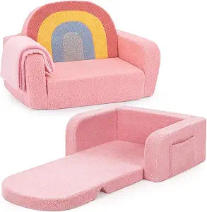 Foryoomi Kids Couch, 2-in-1 Soft Toddler Couch Fold Out with Blanket, Comfy Toddler Chair, Convertible Sofa, Gifts for Kids Girl Boys, Medium Colorful Pink Rainbow