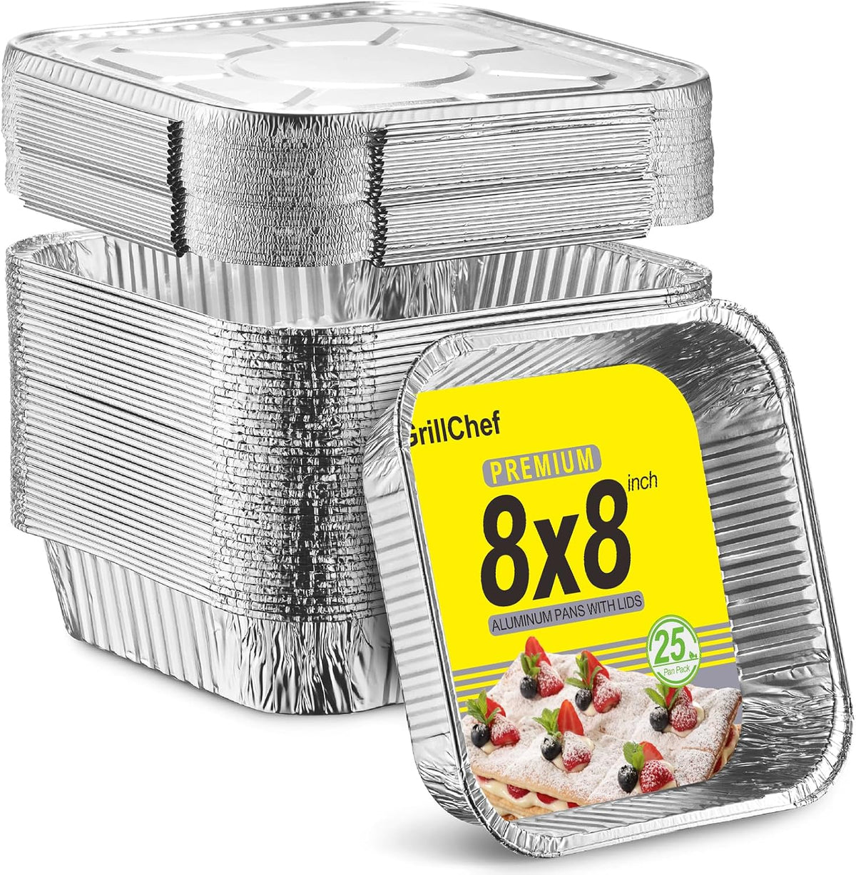 GrillChef 25 Pack 8x8 Square Aluminum Foil Pans with Lids, Disposable