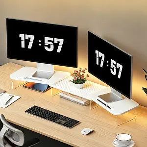 AFOOYO LED Dual Monitor Stand Riser for 2 Monitors,Office Desktop Wooden Stand Adjustable Length and Angle 3 Shelf (White)
