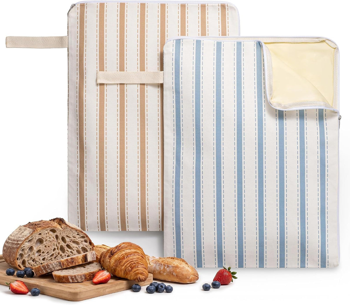 Beeswax Bread Bags for Sourdough, 2 Pack XL 13" x 17" Reusable Bread Bags for Homemade Bread with L-Shaped Wide Opening Zipper, Linen Cotton Bread Storage Bags, Freezer Safe