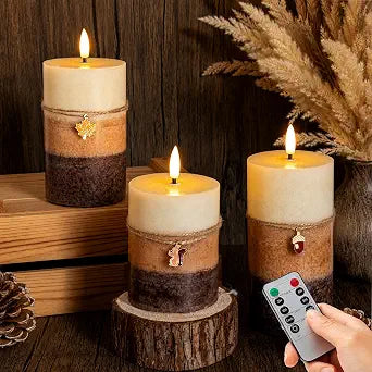 Brown Fall Flameless Pillar Candles with Remote, 3 Pack Thanksgiving Decor
