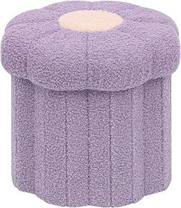 PINPLUS Flower Ottoman Footstool, Foldable Boucle Storage Stool, Cute Daisy Design, Teddy Sherpa Round Seat Small Foot Rest for Living Room Bedroom Dorm 12 Inches Purple