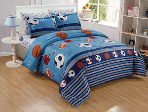 Chezmoi Collection 4-Piece Kids/Teens Mini Bed in a Bag - Soft Microfiber Navy Blue Black Orange Red White Basketball Football Soccer, Sports Comforter Set with Fitted Sheet Twin Size