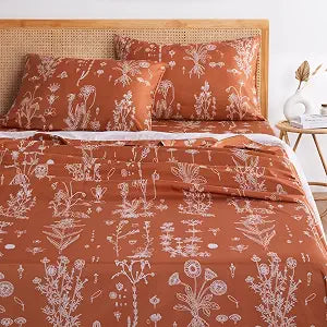 Wake In Cloud - Floral Bed Sheets, 4-Piece Sheet Set, Cute Botanical Shabby Chic Coquette Cottagecore Flower Pattern Printed Bedding, Deep Pocket, Terracotta Orange, Queen Size