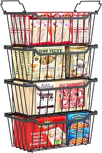 SUNALLY Freezer Organizer Bins, 4 Pack Stackable Pantry Storage Bins, Black