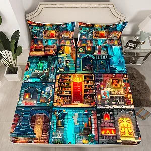 Sandbox Games Fitted Sheet Twin Size,Pixelated Miner Theme Bedding Sets 2Pcs for Kids Boys Teens Room Decor,Block Patchwork City View Bed Sheets Building Gamer Deep Pocket Sheet,1 Pillowcase